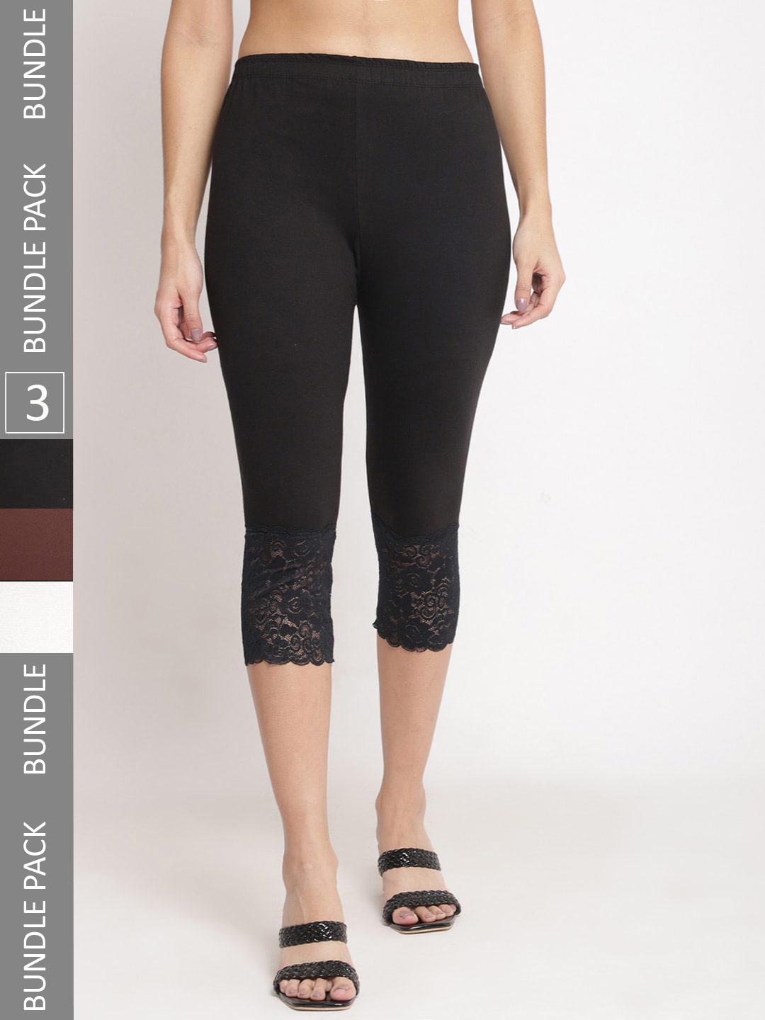 

GRACIT Women Pack Of 3 Skinny Fit Pure Cotton Lace Hem Capris, Black