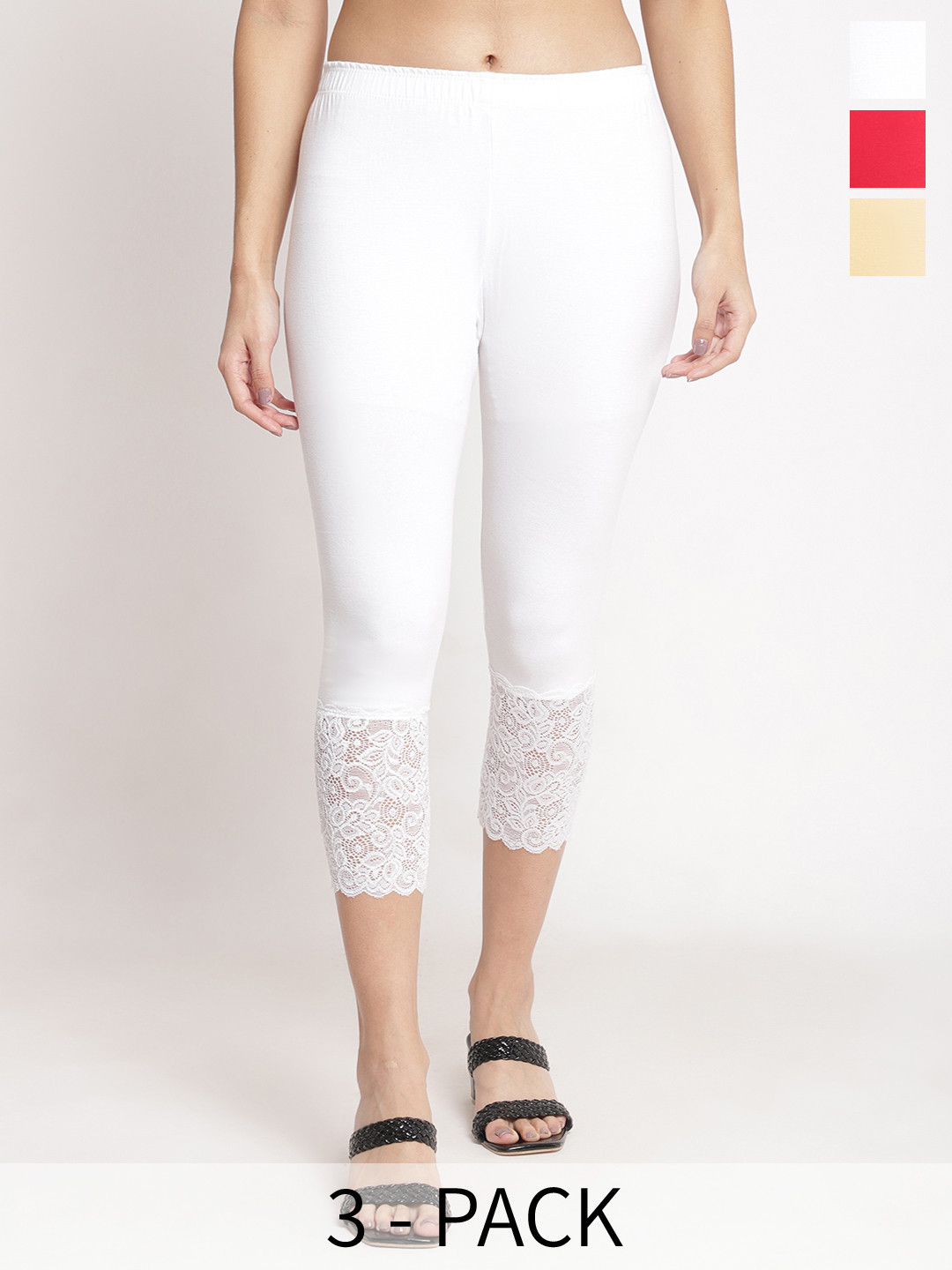 

GRACIT Women Pack of 3 Skinny Fit Cotton Lycra Capris, White