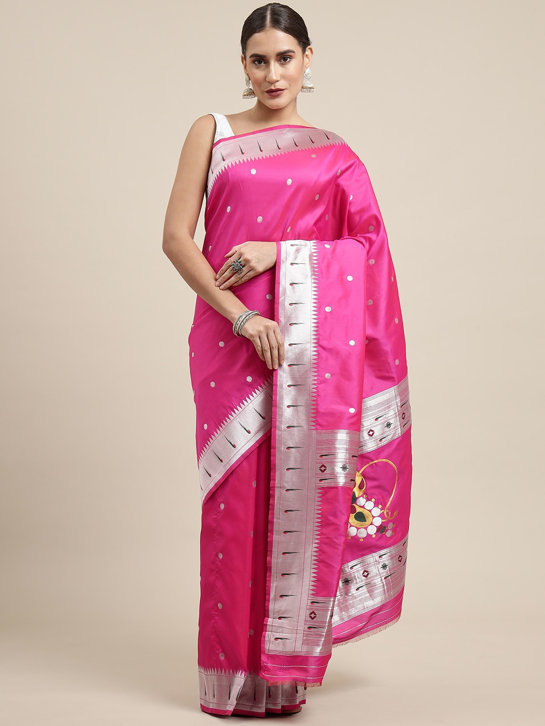 

Royal Rajgharana Saree Woven Design Zari Pure Silk Paithani Sarees, Pink