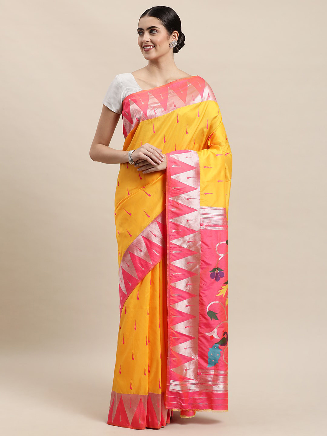 

Royal Rajgharana Saree Woven Design Zari Pure Silk Paithani Sarees, Yellow