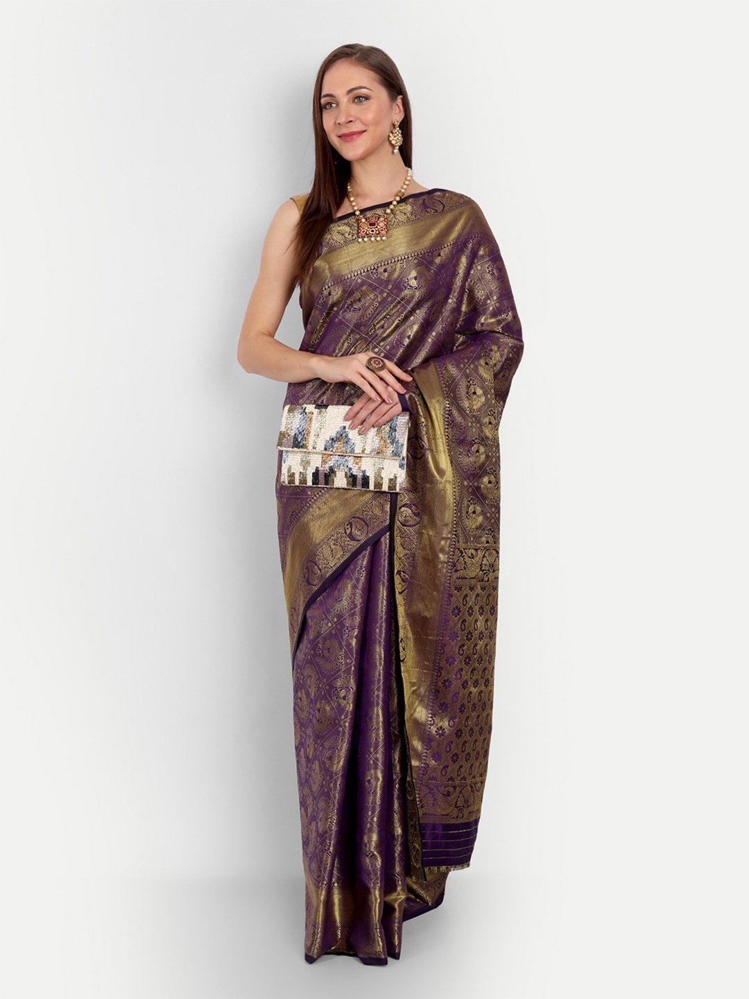 

Royal Rajgharana Saree Ethnic Motifs Zari Pure Silk Banarasi Sarees, Purple