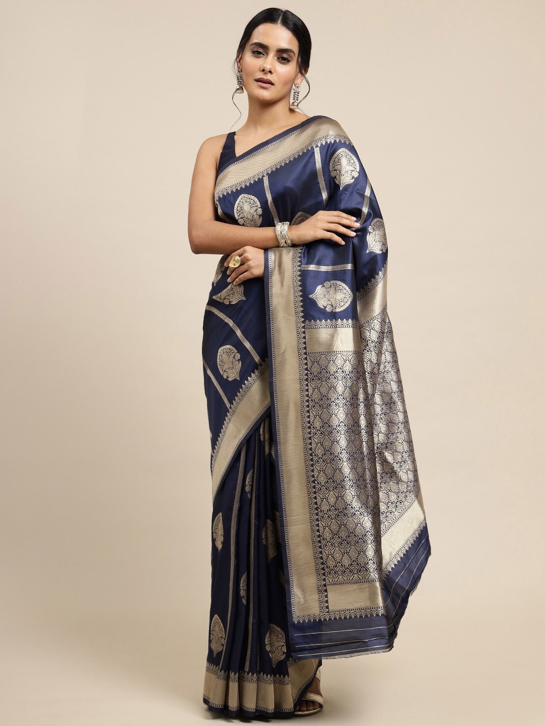 

Royal Rajgharana Saree Ethnic Motifs Zari Pure Silk Banarasi Sarees, Navy blue
