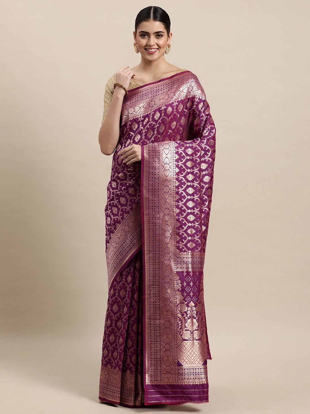 

Royal Rajgharana Saree Ethnic Motifs Zari Pure Silk Banarasi Sarees, Purple