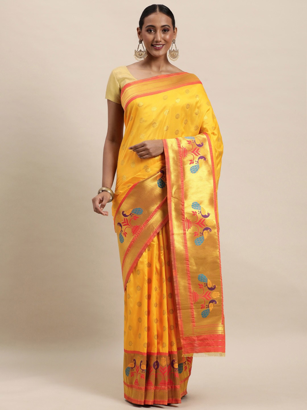 

Royal Rajgharana Saree Floral Woven Design Zari Pure Silk Paithani Saree, Yellow