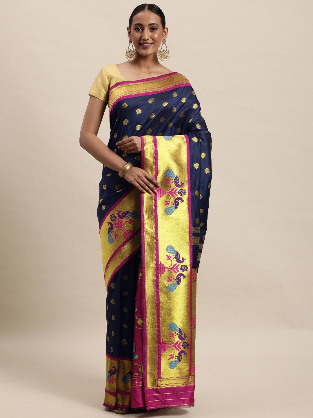 

Royal Rajgharana Saree Ethnic Motifs Woven Design Zari Pure Silk Paithani Saree, Navy blue