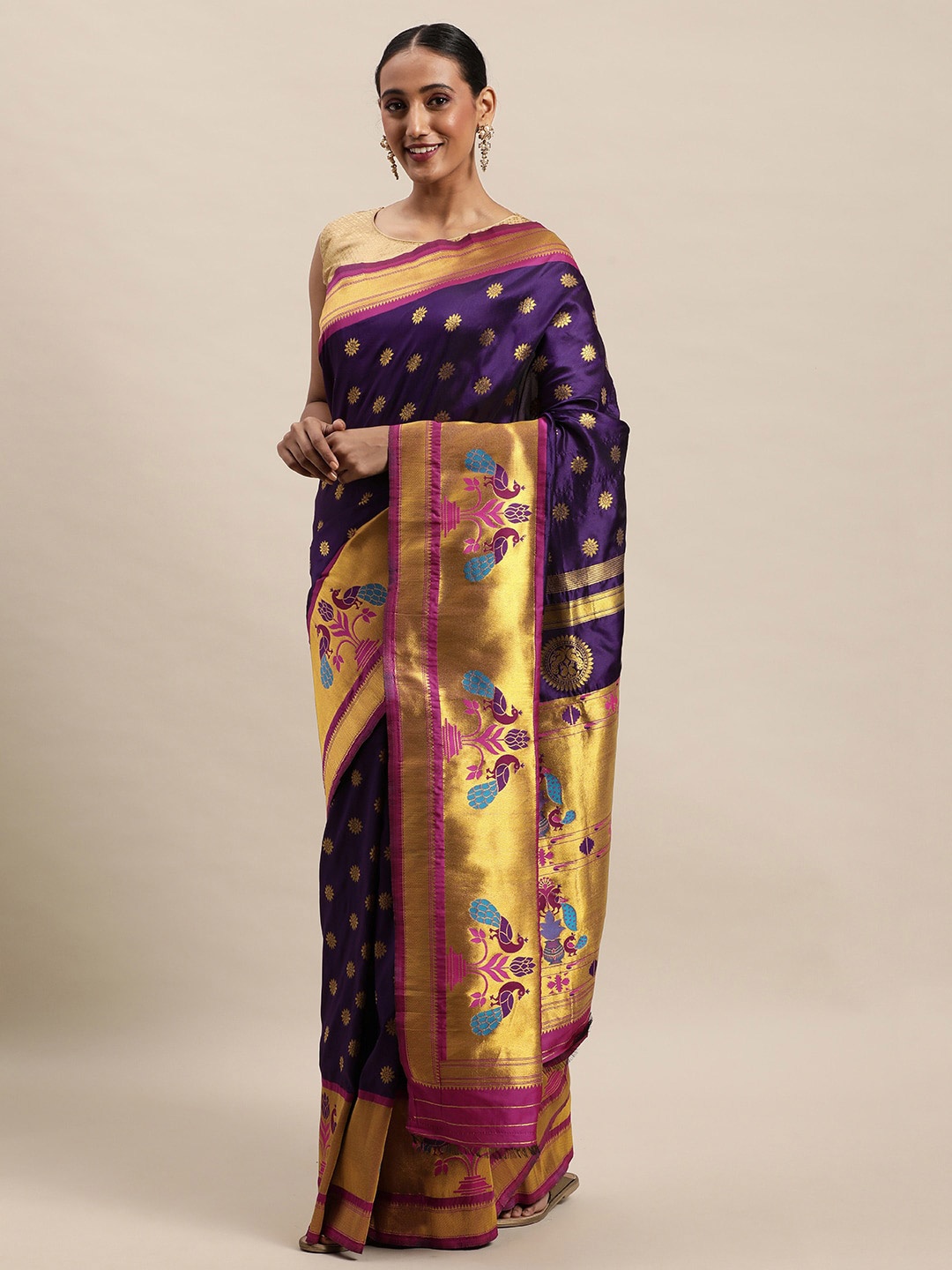 

Royal Rajgharana Saree Ethnic Motifs Woven Design Zari Pure Silk Paithani Saree, Purple