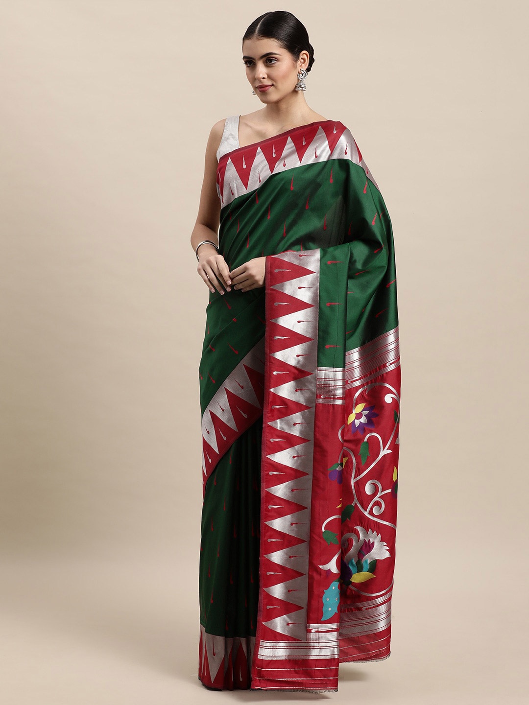 

Royal Rajgharana Saree Geometric Woven Design Zari Pure Silk Paithani Saree, Green