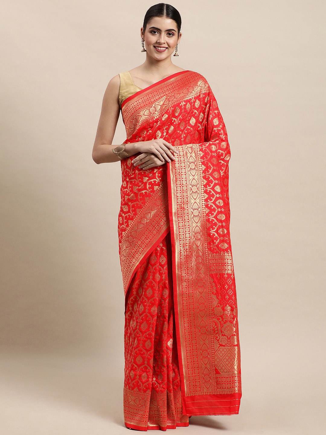 

Royal Rajgharana Saree Floral Woven Design Zari Pure Silk Banarasi Saree, Red