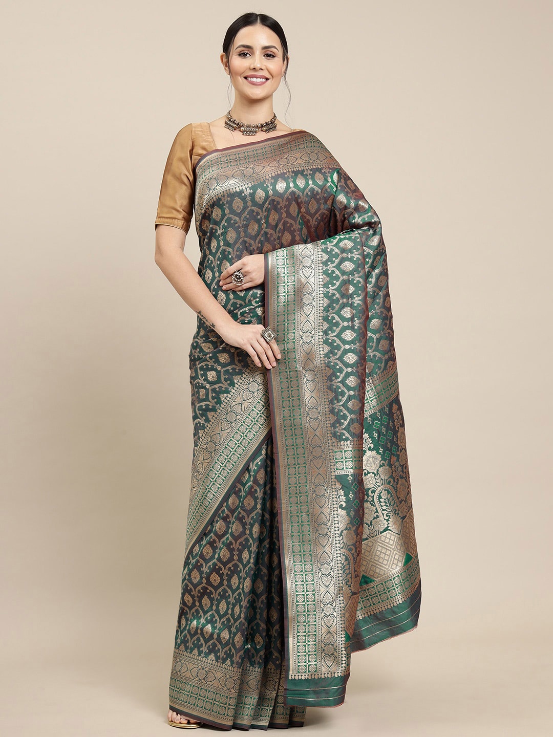 

Royal Rajgharana Saree Floral Woven Design Zari Pure Silk Banarasi Saree, Teal