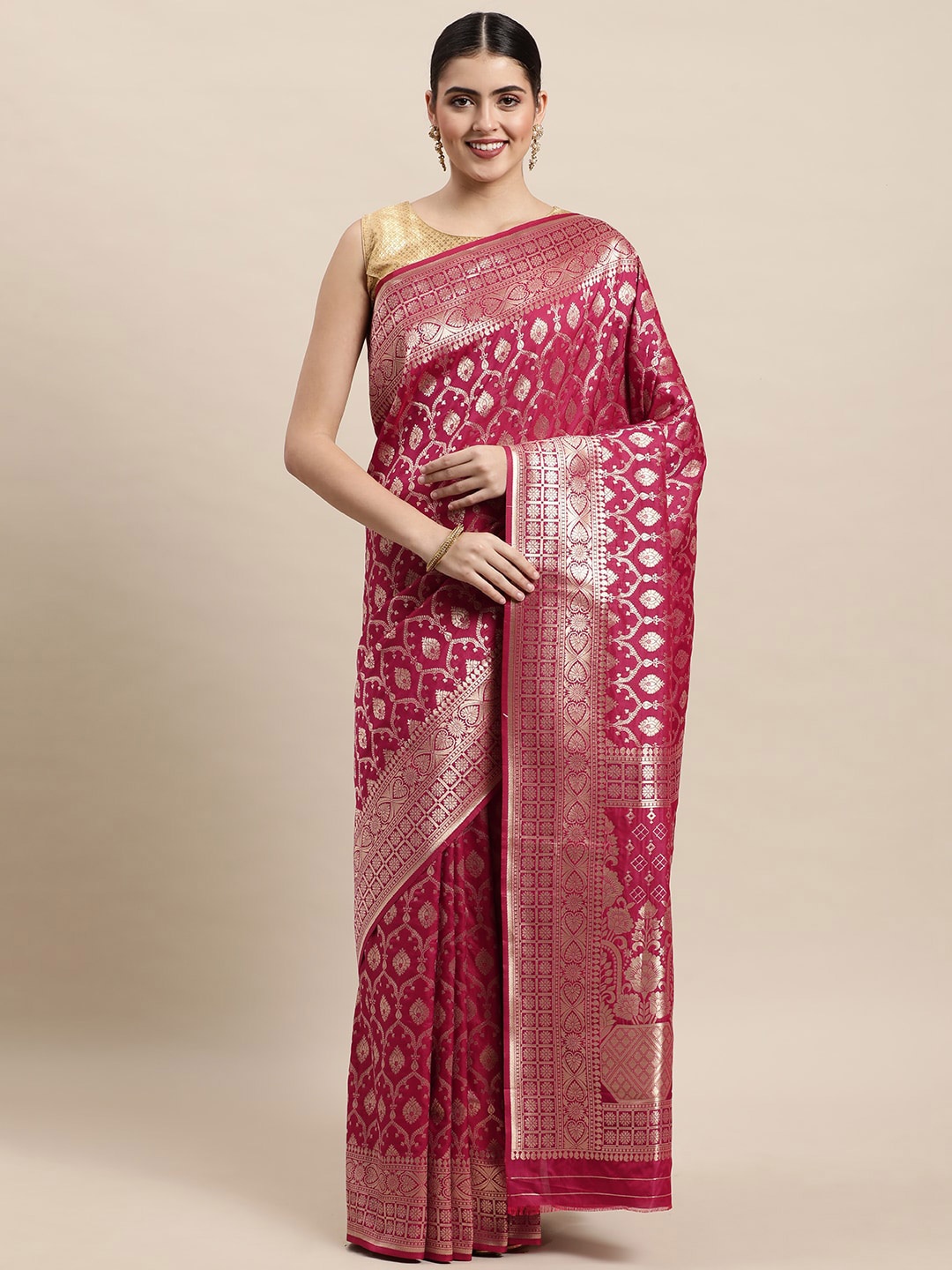 

Royal Rajgharana Saree Floral Woven Design Zari Pure Silk Banarasi Saree, Magenta