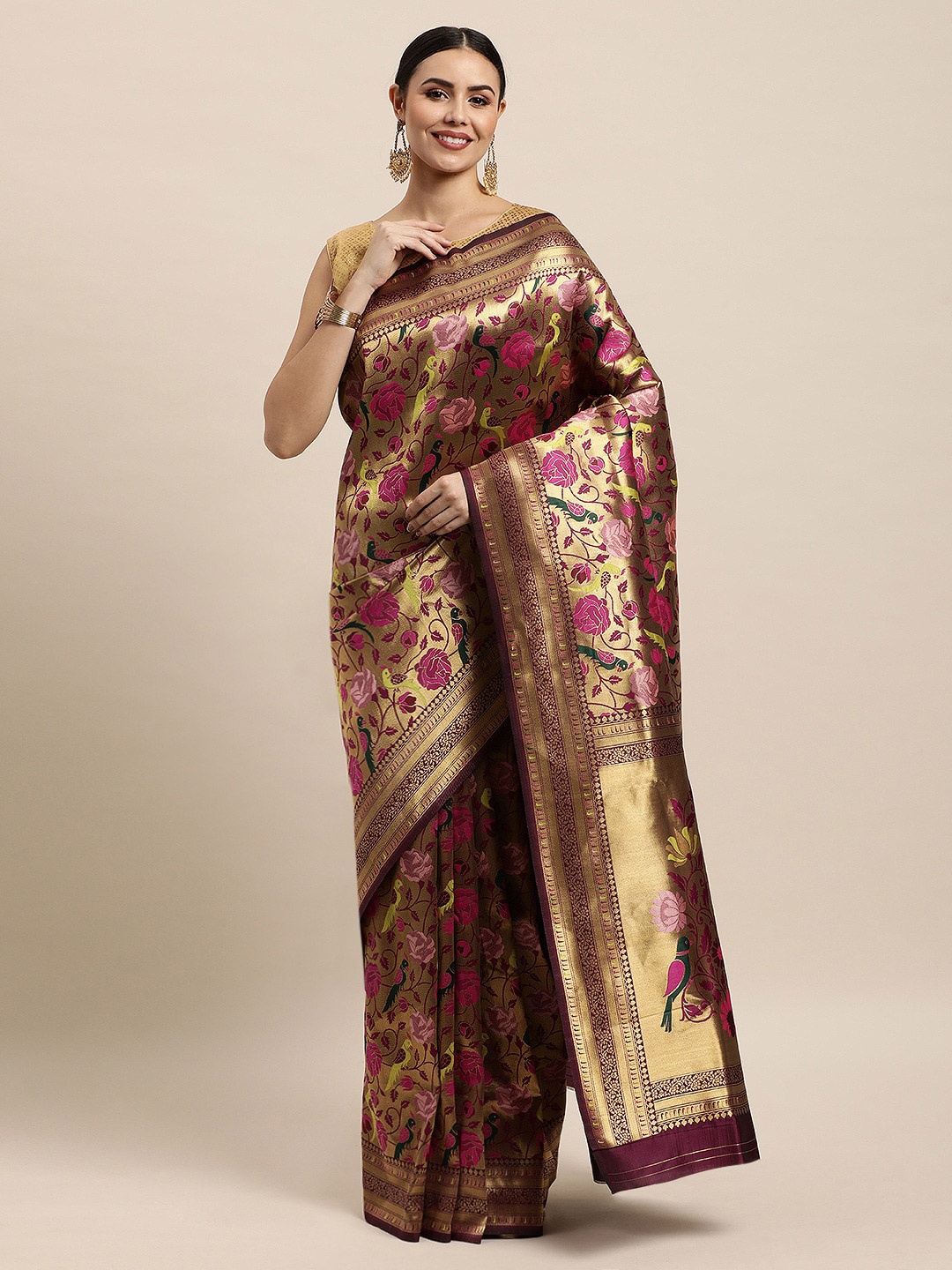 

Royal Rajgharana Saree Ethnic Motifs Woven Pure Silk Banarasi Saree, Maroon