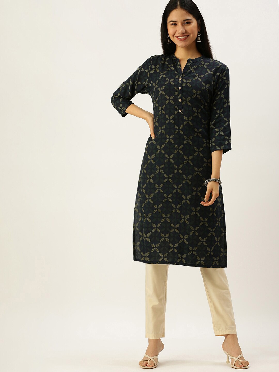 

Vedic Floral Printed Band Collar Knee Length Straight Kurta, Navy blue