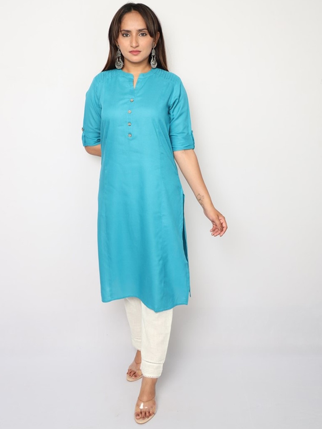 

Vedic Women Mandarin Collar Straight Kurta, Teal