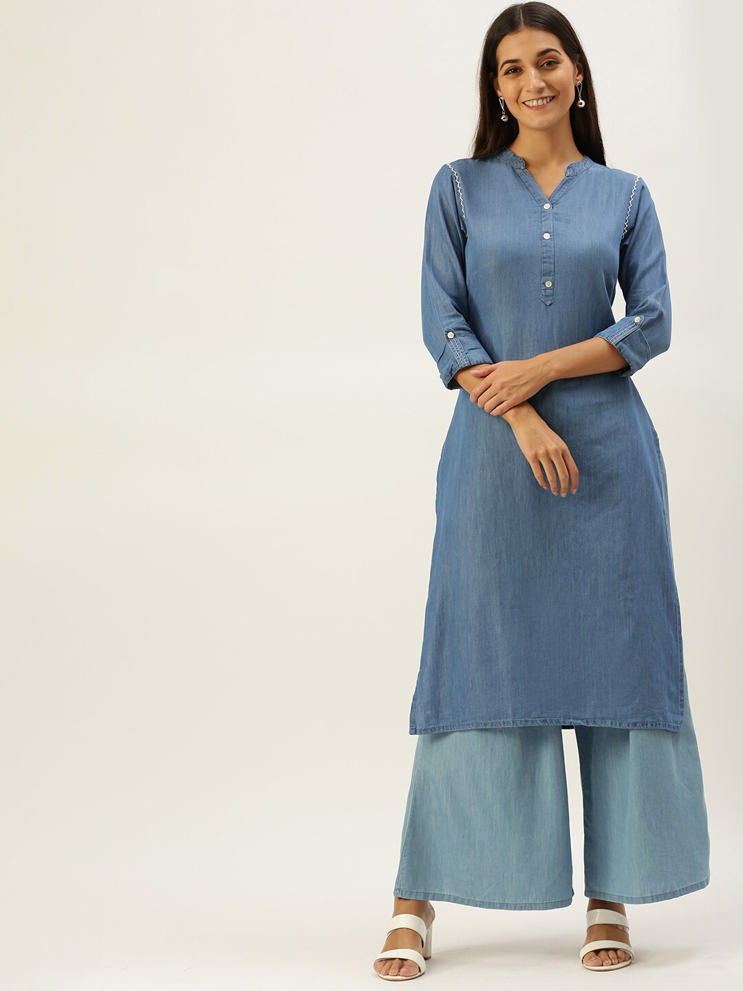 

Vedic Women Mandarin Collar Thread Work Denim Straight Kurta, Blue