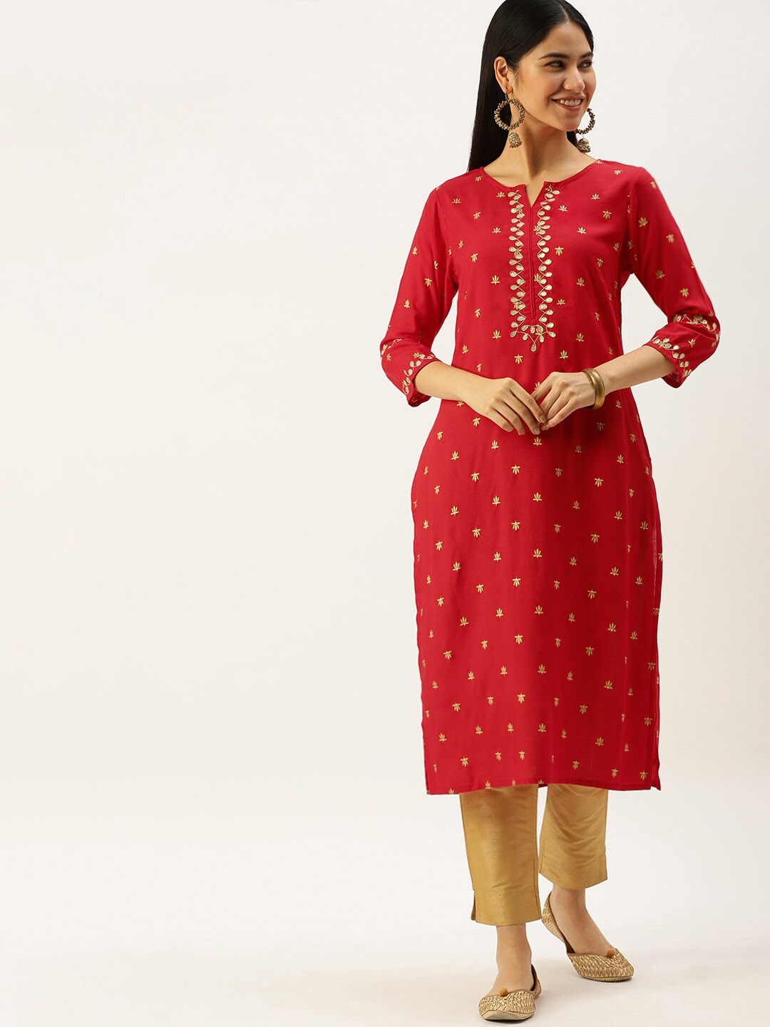 

Vedic Floral Printed Notch Neck Gotta Patti Straight Kurta, Red