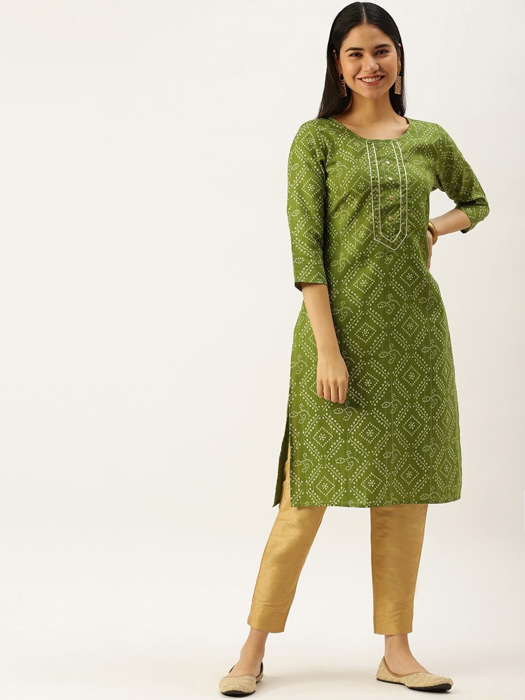 

Vedic Ethnic Motifs Bandhani Printed Round Neck Pure Cotton Kurta, Green