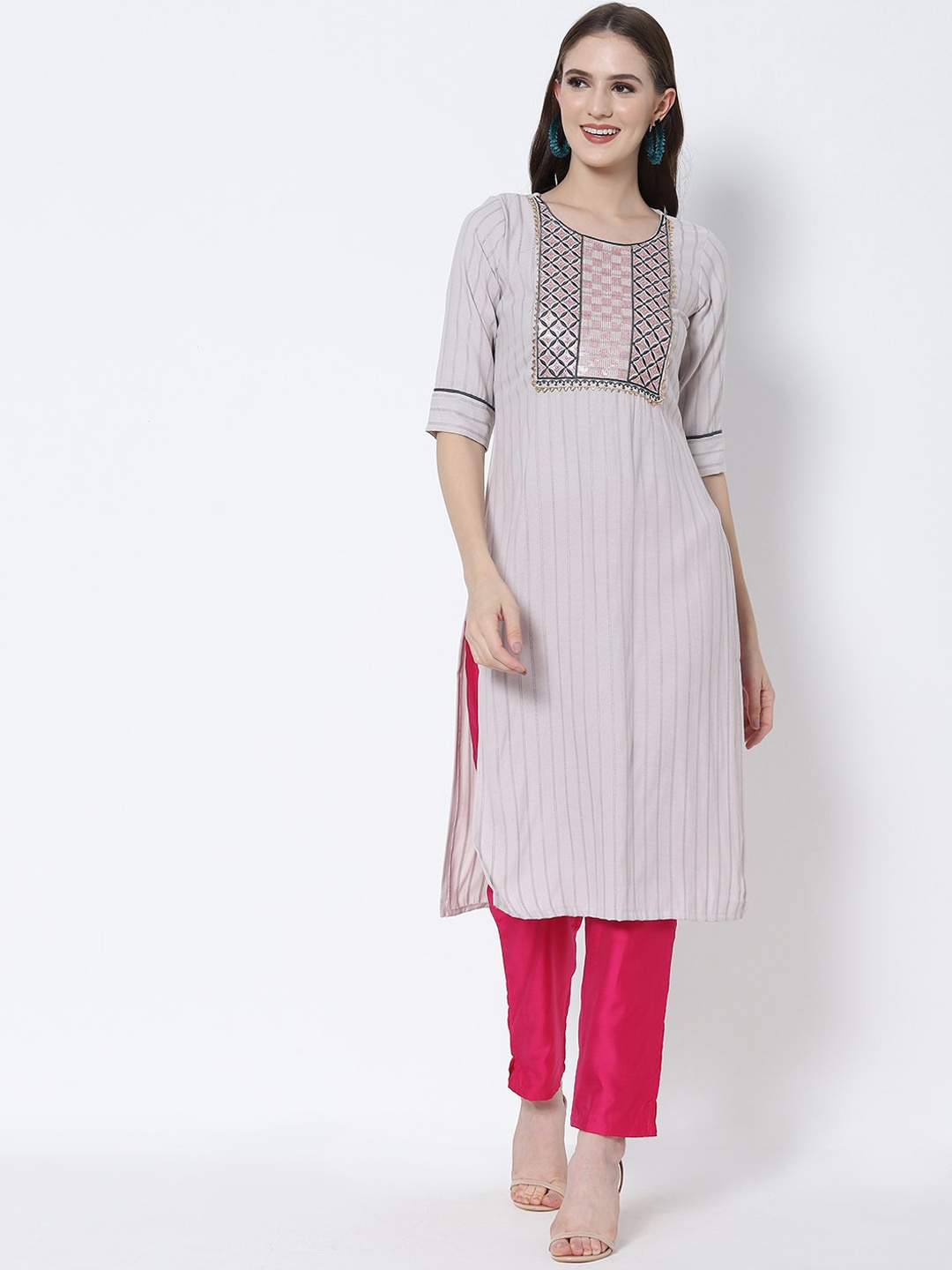 

Vedic Women Striped Thread Work Pure Cotton Kurta, Grey