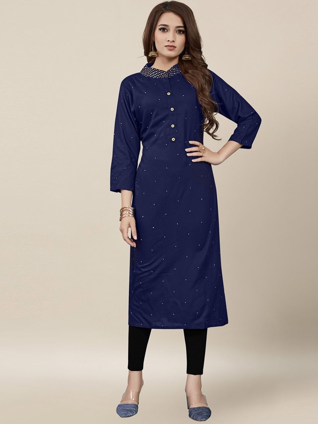 

Vedic Polka Dots Printed Band Collar Pure Cotton Straight Fit Kurta, Navy blue