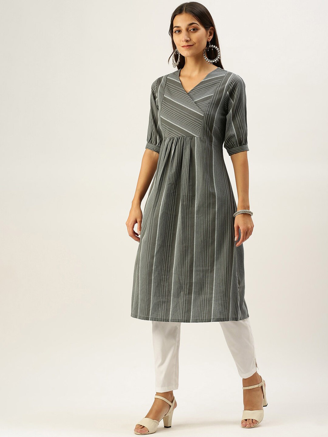 

Vedic Striped Cotton Anarkali Kurta, Grey