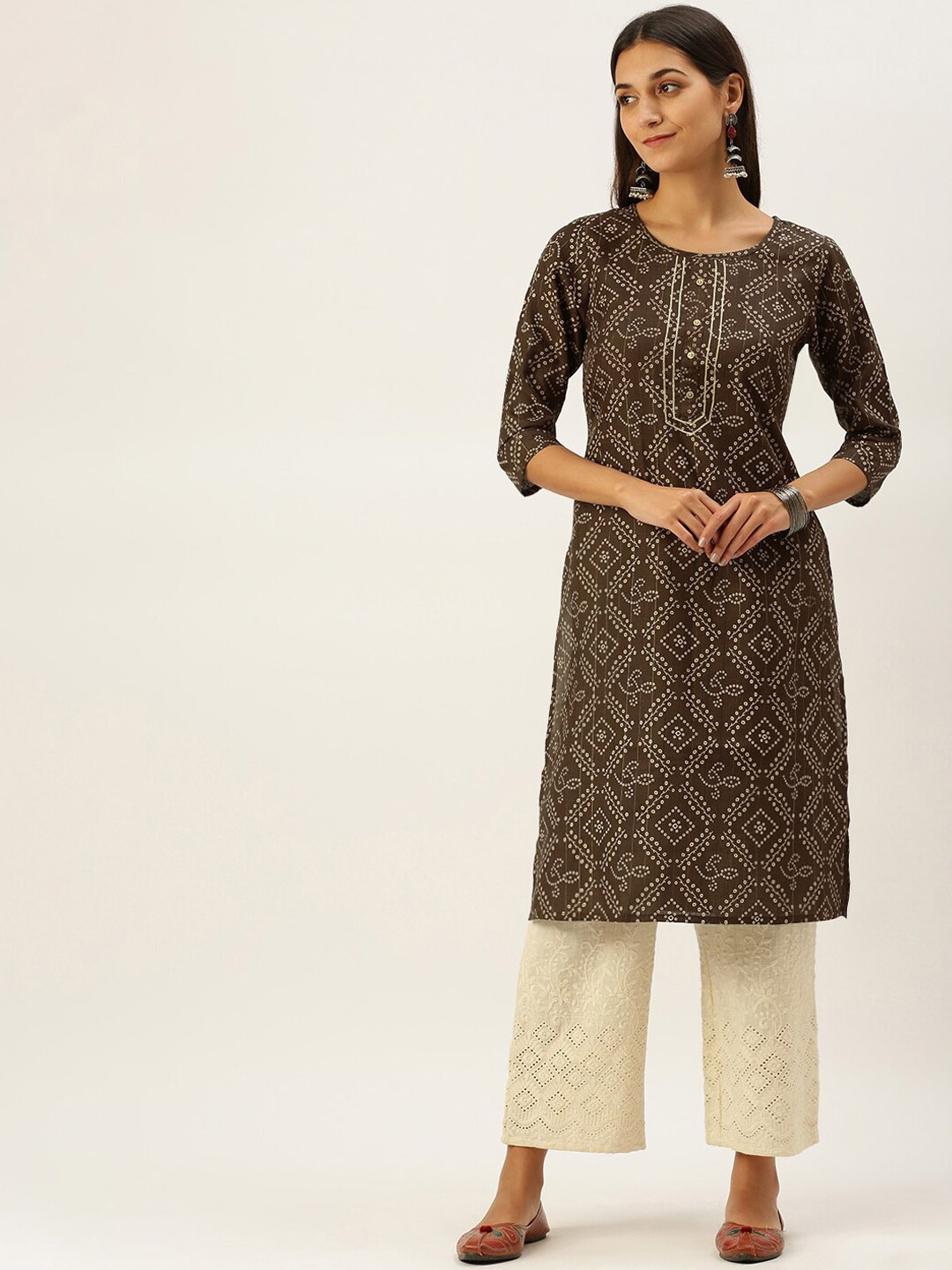 

Vedic Bandhani Printed Round Neck Gotta Patti Pure Cotton Kurta, Brown