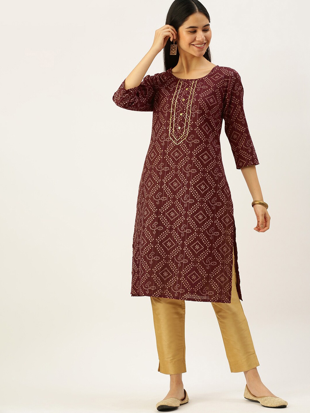 

Vedic Bandhani Printed Cotton Straight Kurta, Maroon