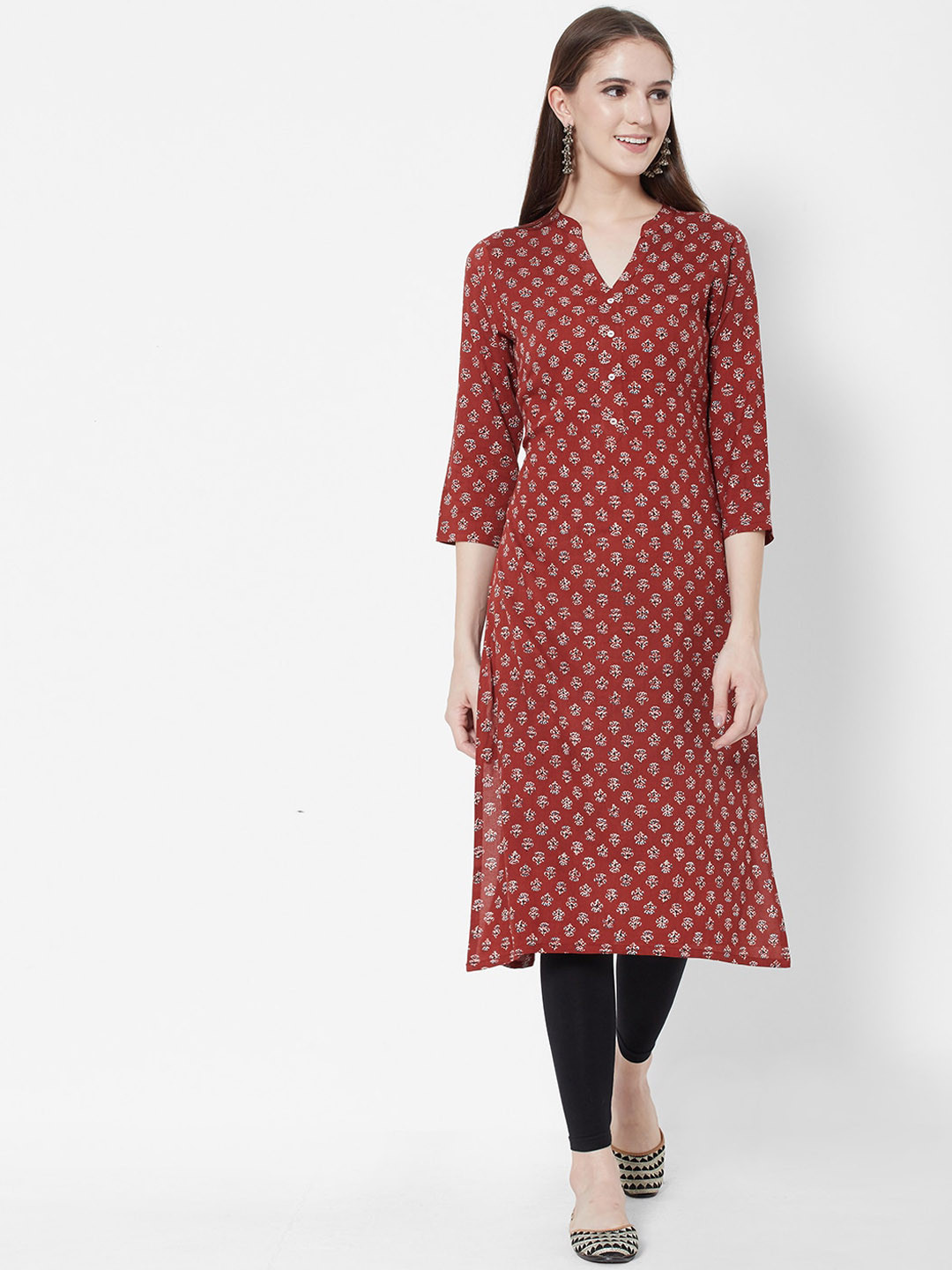 

Vedic Floral Printed Band Collar Kurta, Brown