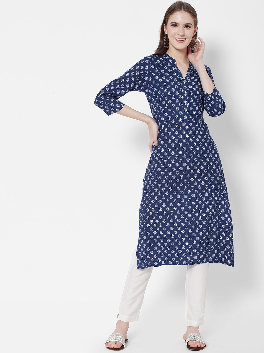 

Vedic Band Collar Floral Printed Kurta, Blue