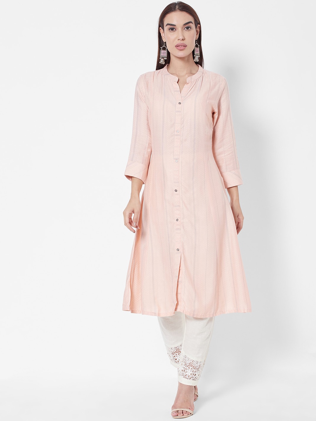 

Vedic Women Band Collar Striped Kurta, Peach