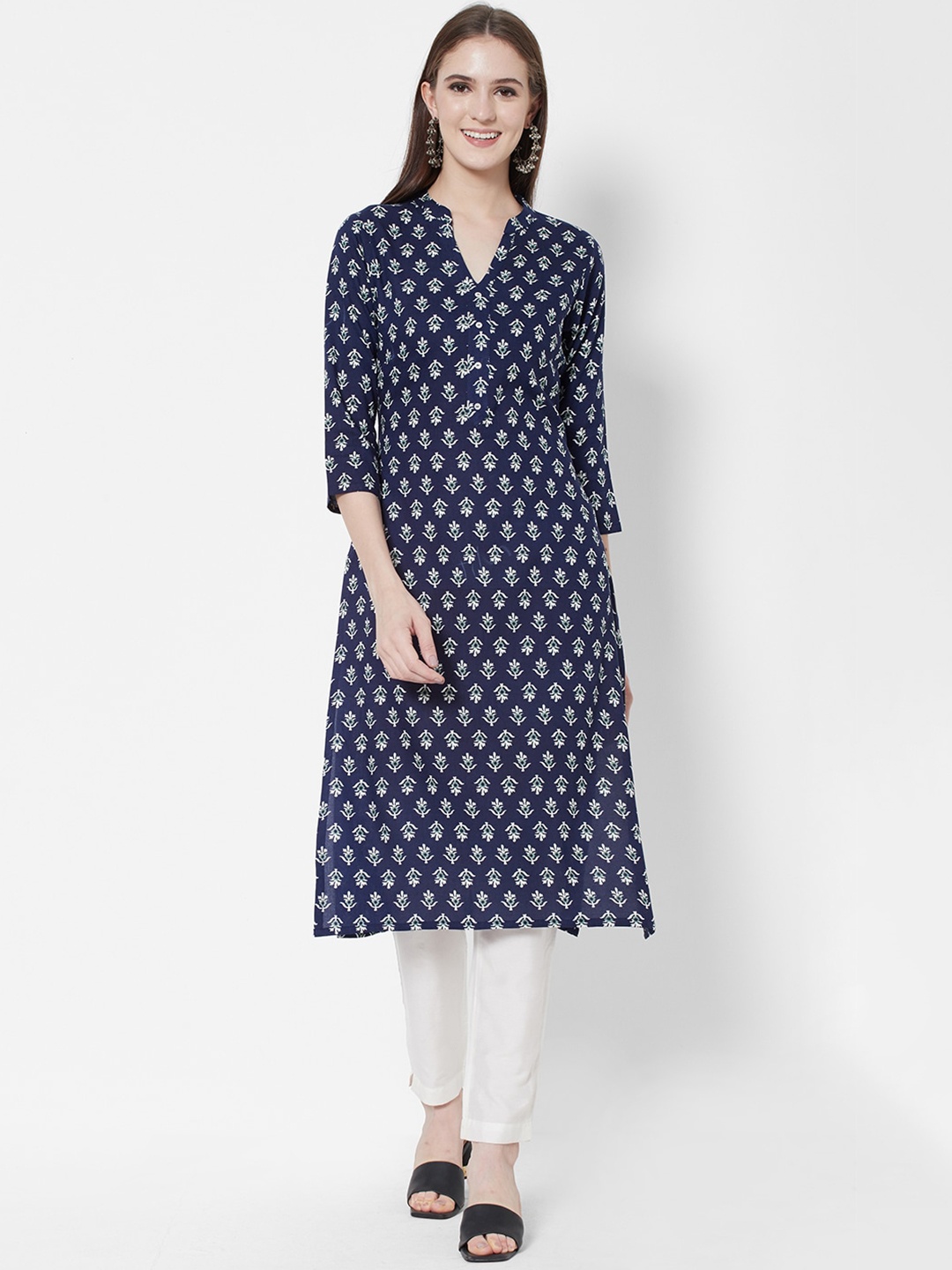 

Vedic Women Ethnic Motifs Printed Mandarin Collar Pure Cotton Kurta, Navy blue