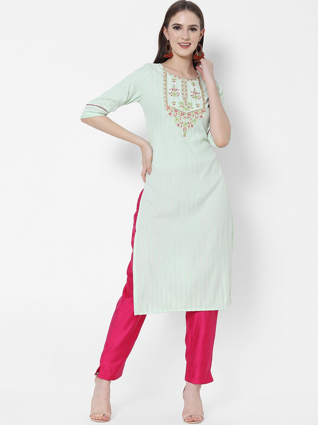 

Vedic Women Ethnic Motifs Embroidered Thread Work Cotton Kurta, Sea green