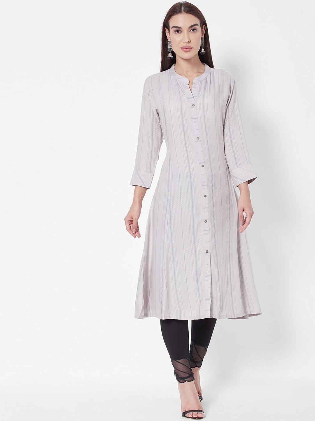 

Vedic Women Striped Printed A-Line Kurta, Grey