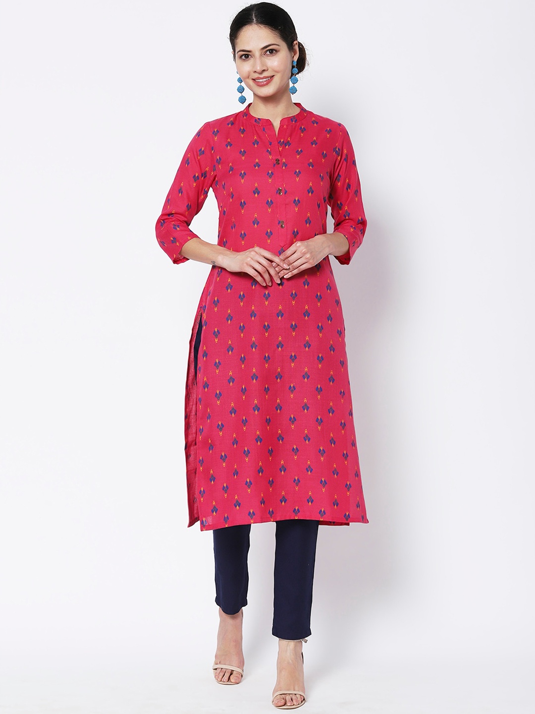 

Vedic Band Collar Ethnic Motifs Printed Thread Work Cotton Kurta, Pink
