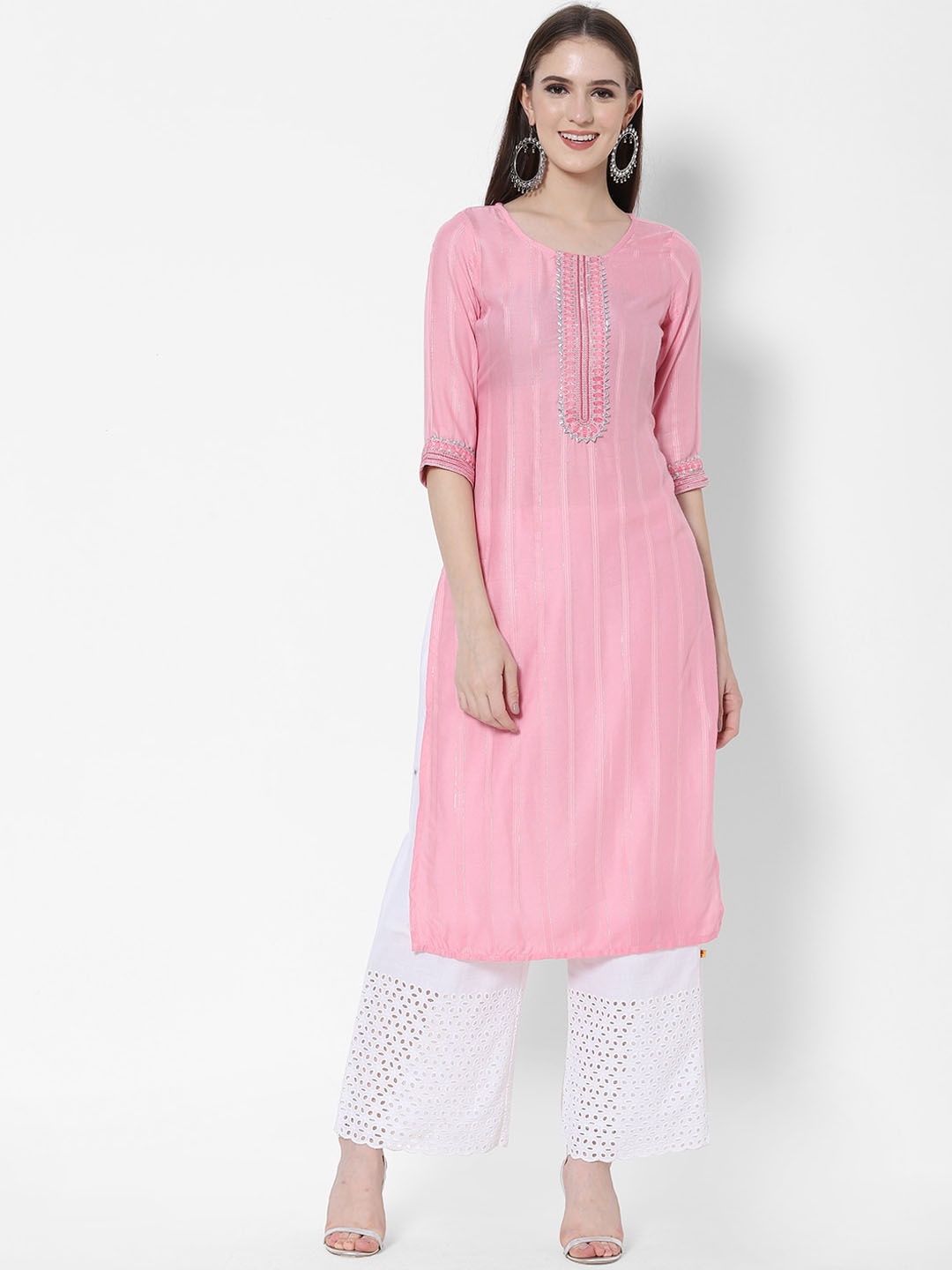 

Vedic Women Striped Thread Work Cotton Kurta, Pink