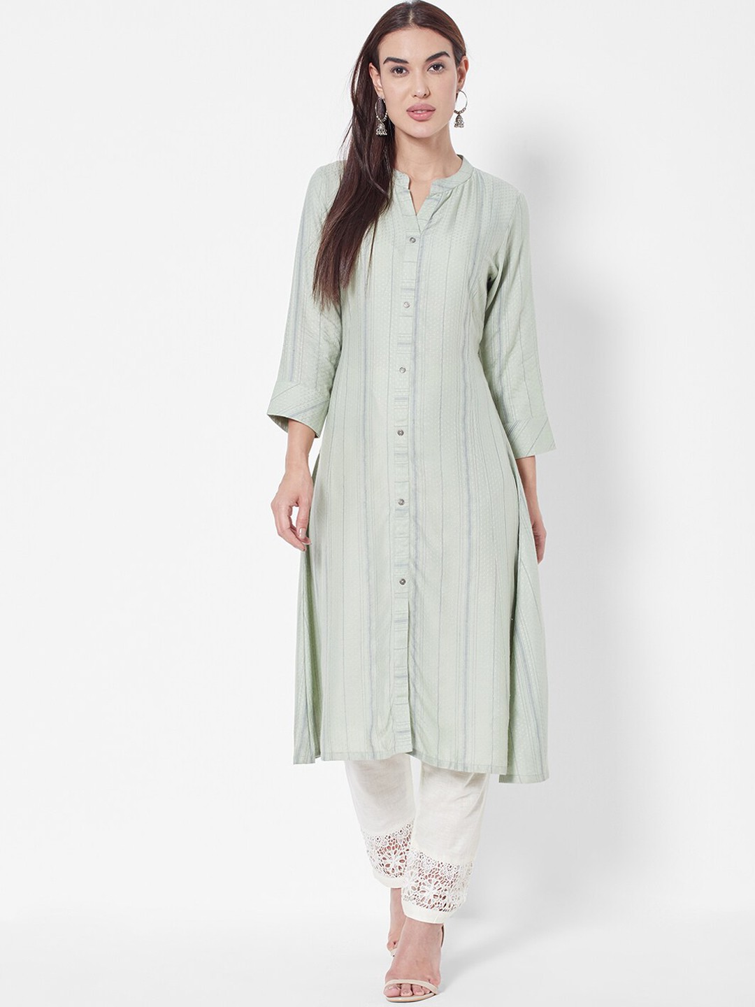 

Vedic Women Band Collar Striped Kurta, Green