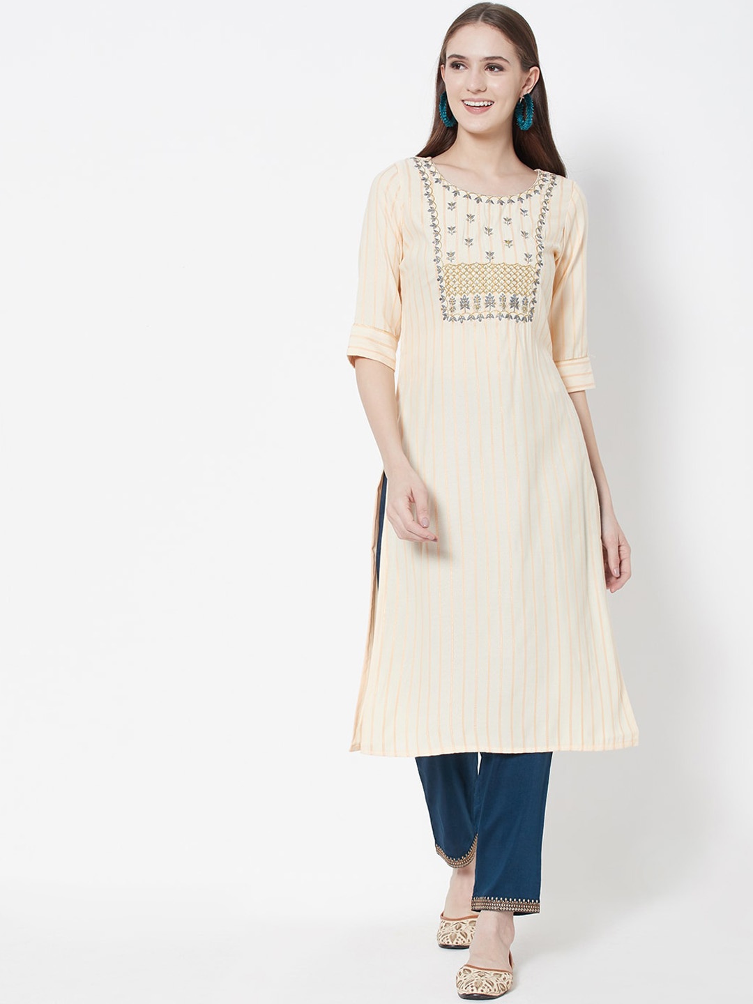 

Vedic Women Striped Thread Work Cotton Kurta, Cream