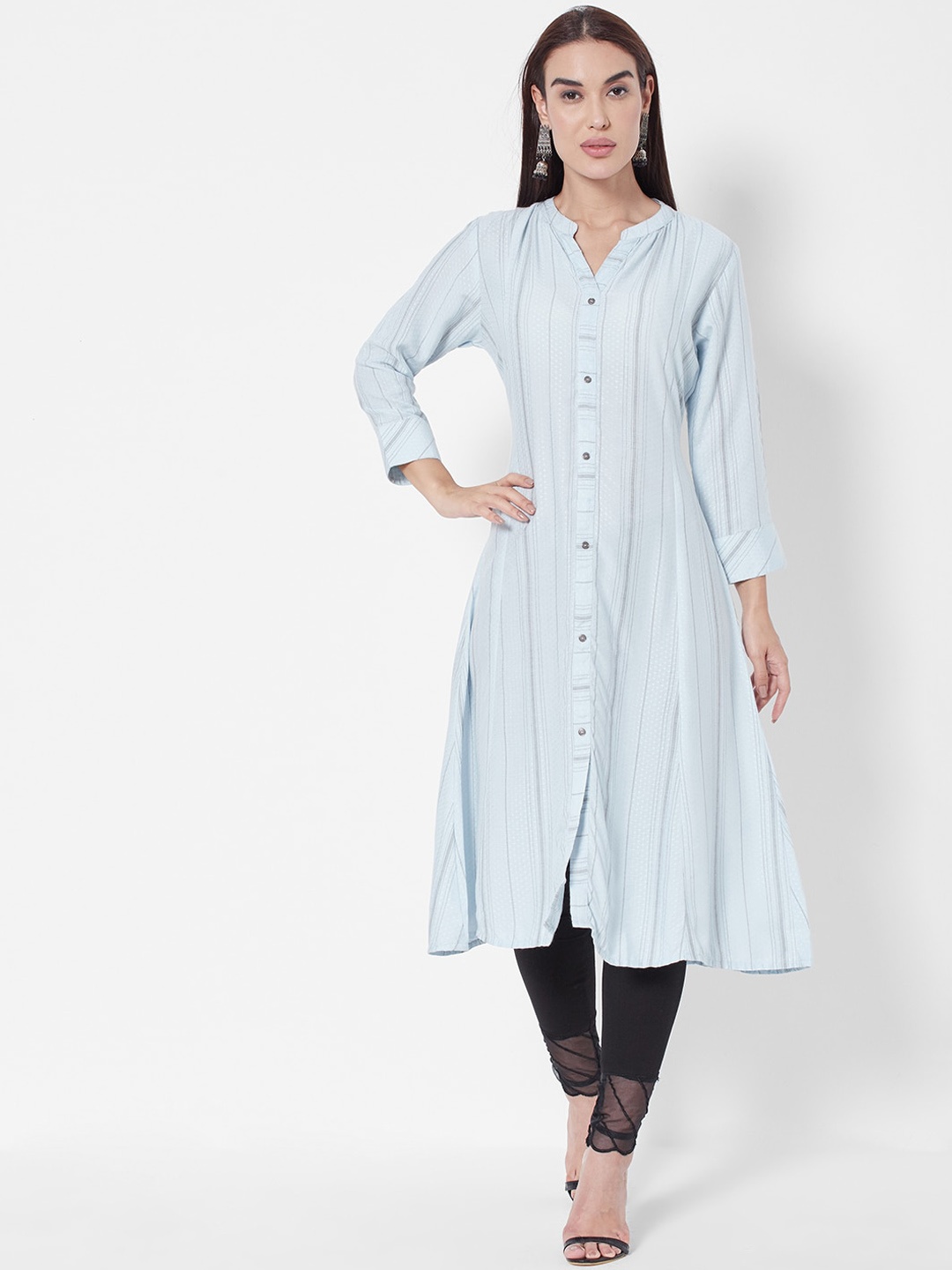 

Vedic Printed Band Collar A-Line Kurta, Blue