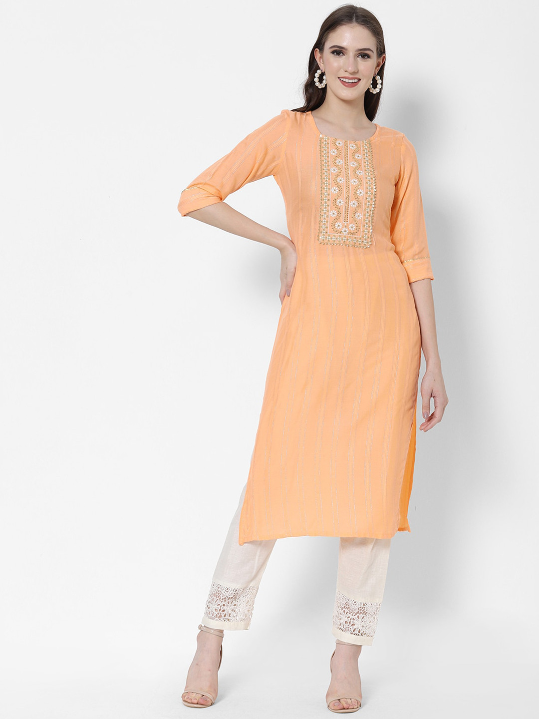

Vedic Women Striped Thread Work Cotton Kurta, Orange