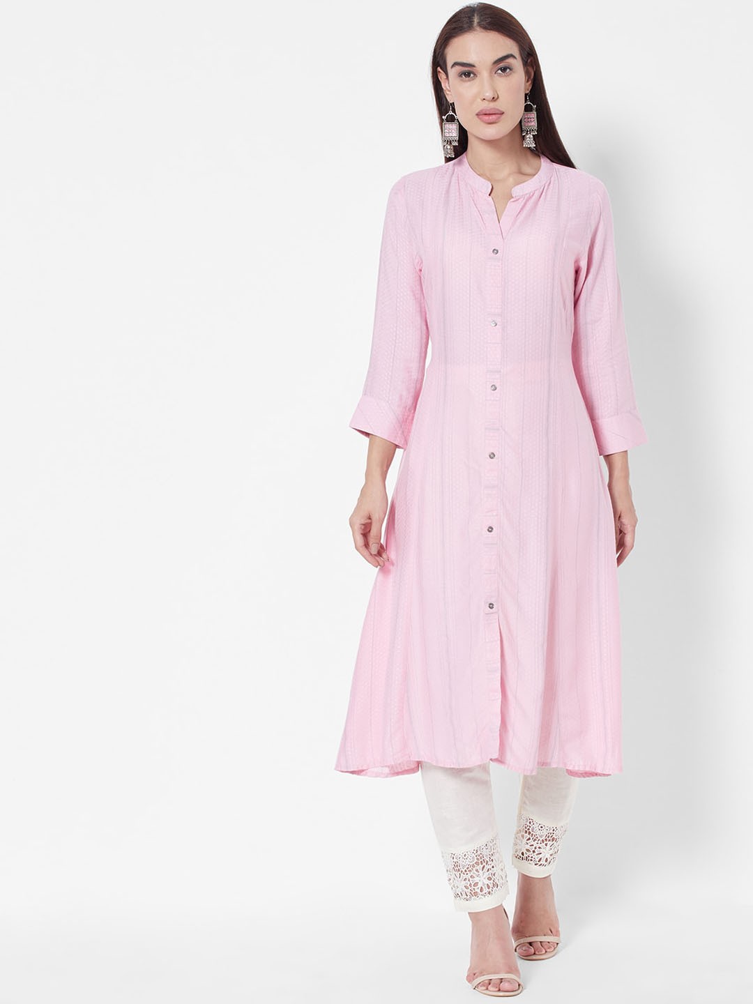 

Vedic Printed Band Collar A-Line Kurta, Pink