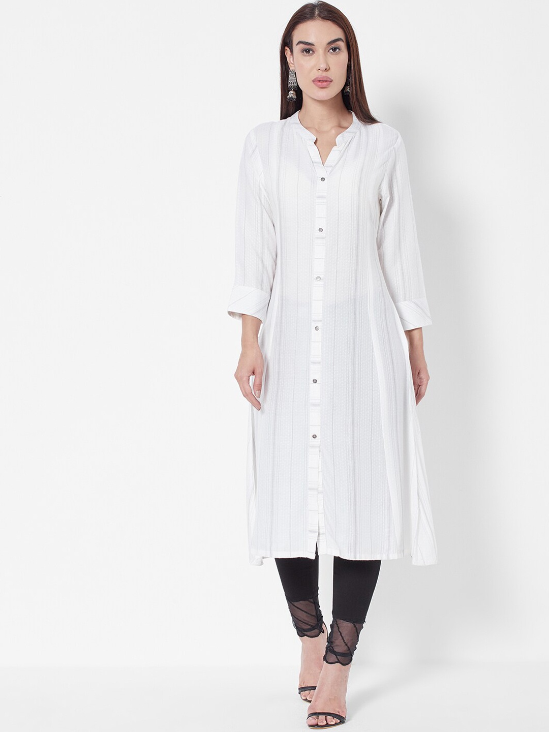 

Vedic Band Collar Striped Panelled A-Line Kurta, White