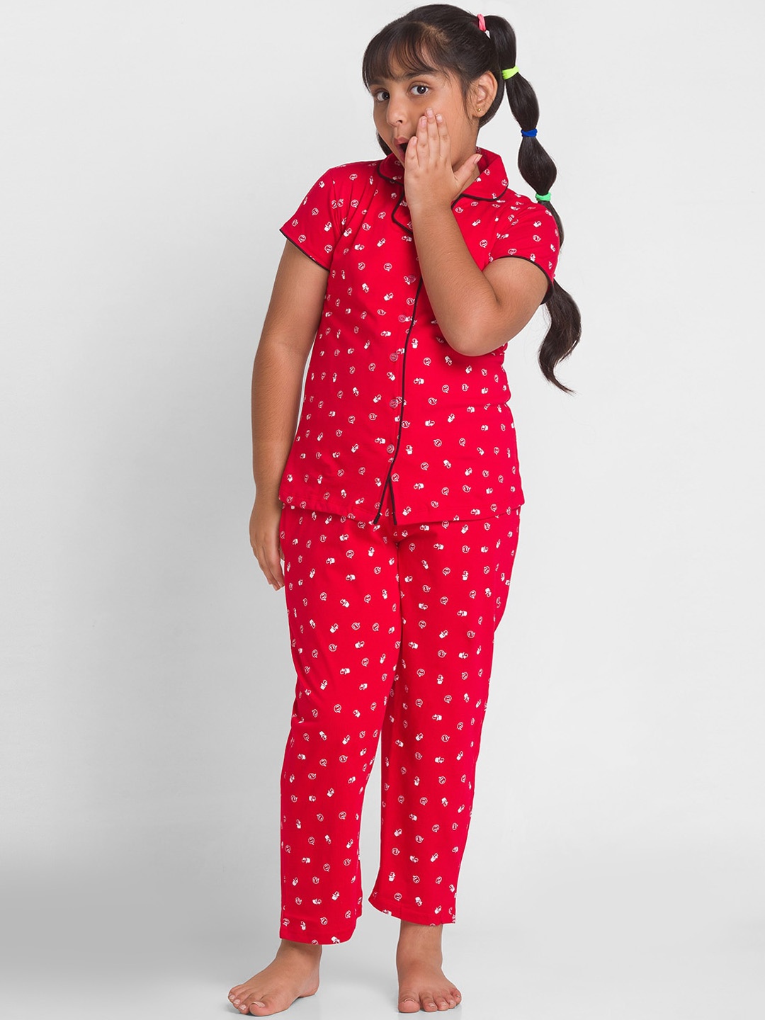 

AV2 Girls Conversational Printed Pure Cotton Night Suit, Red