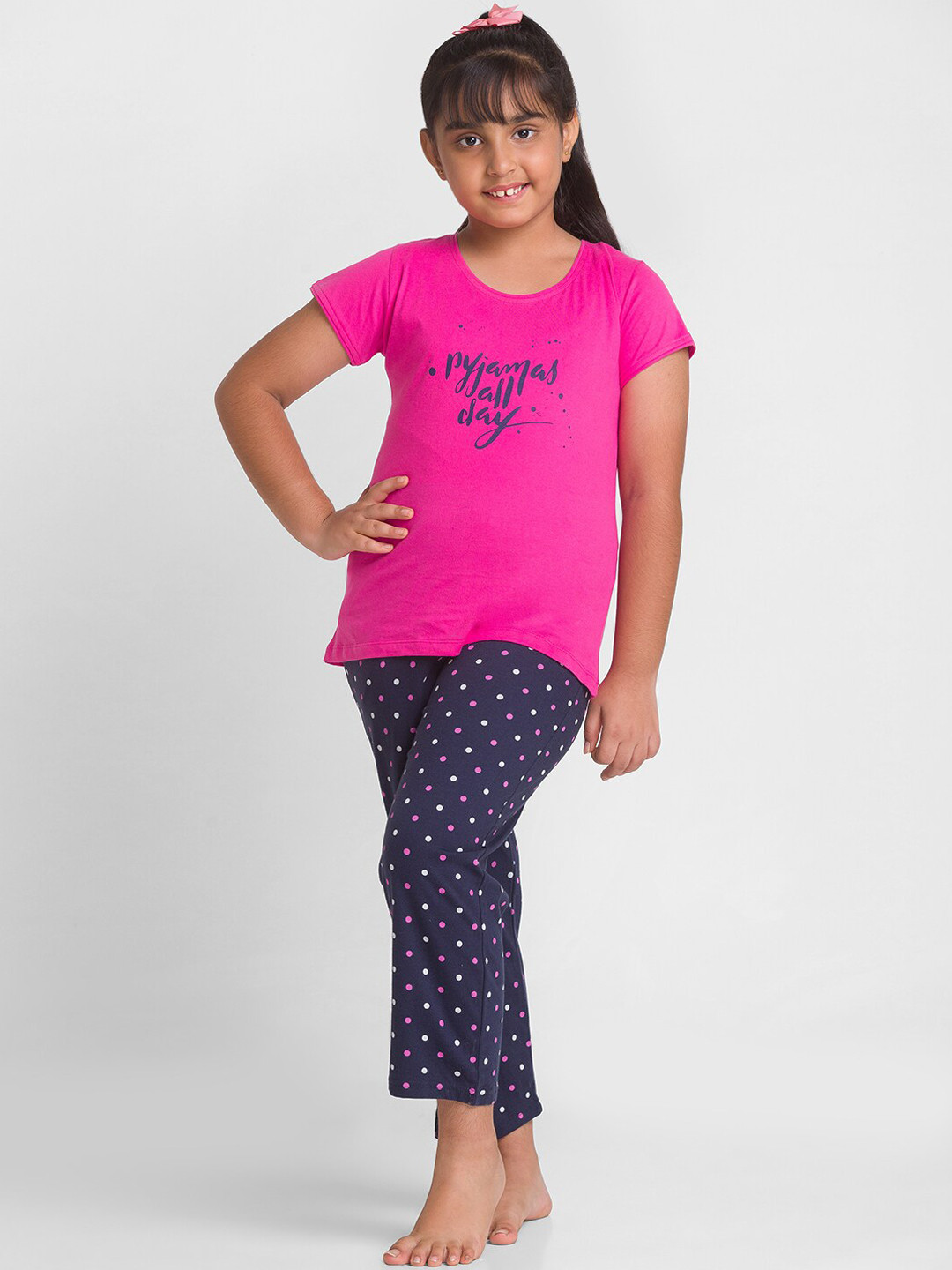 

AV2 Girls Polka Dots Printed Pure Cotton Night Suit, Pink