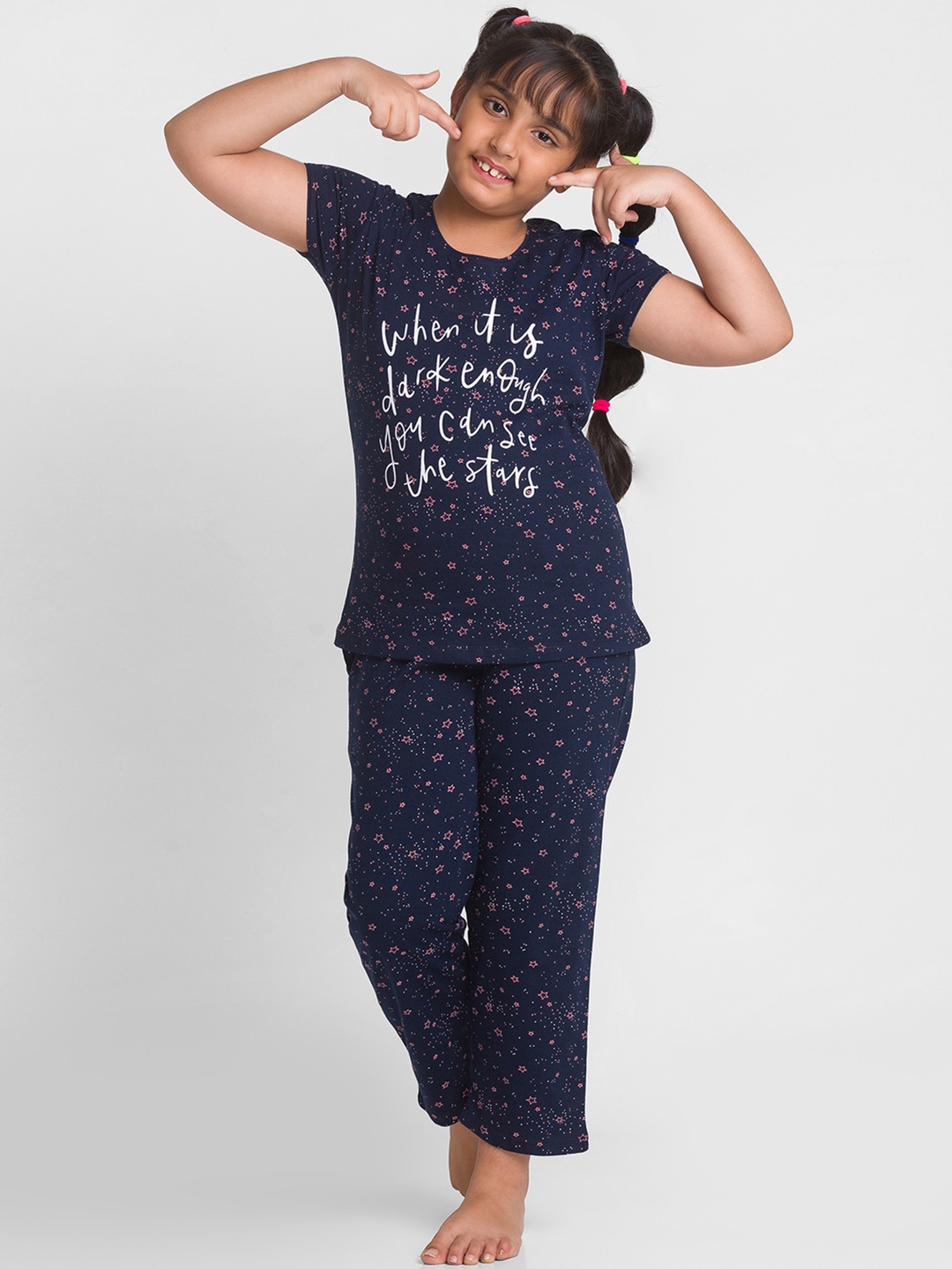 

AV2 Girls Conversational Printed Pure Cotton Night Suit, Navy blue