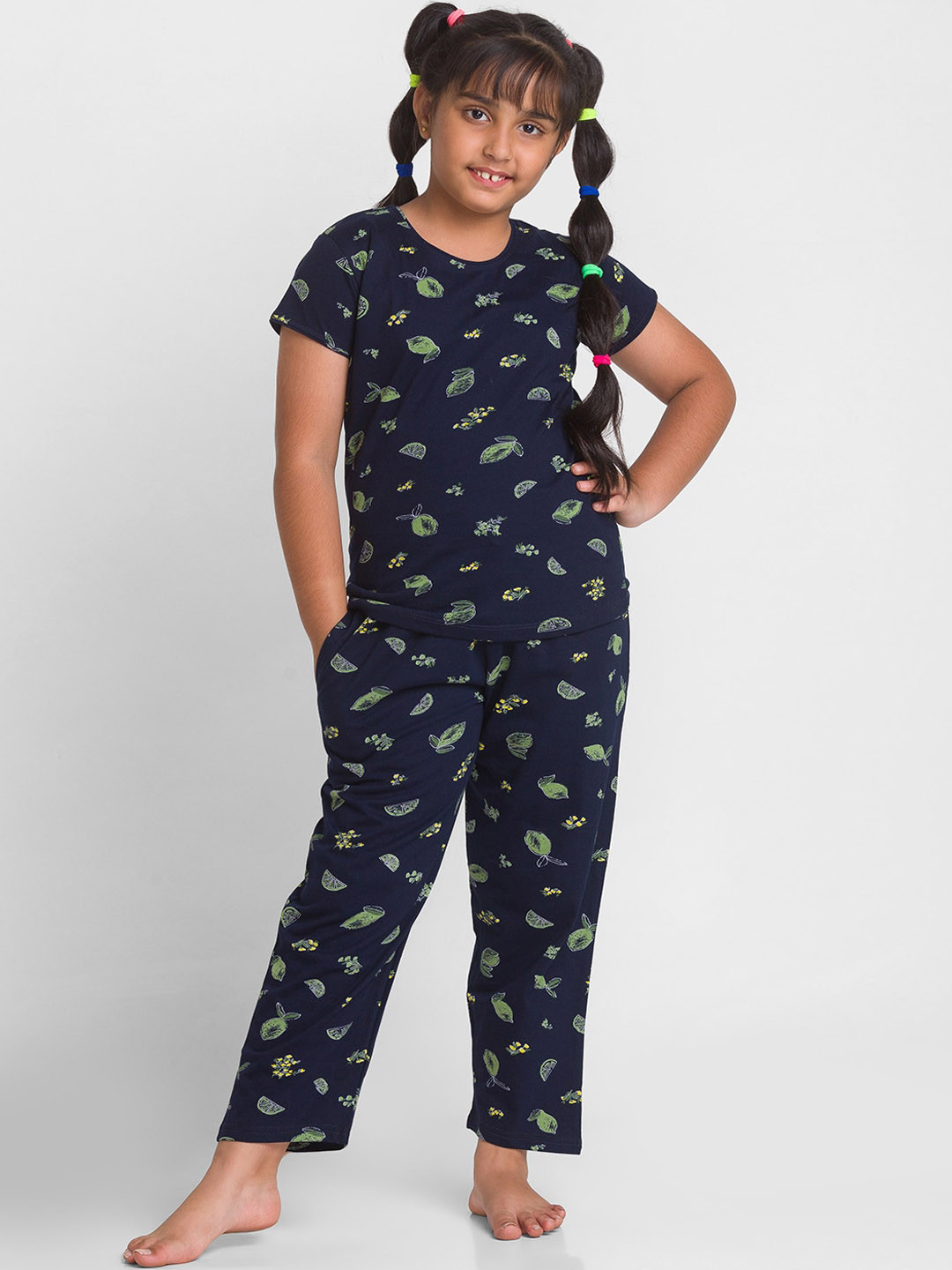 

AV2 Girls Conversational Printed Pure Cotton Night Suit, Navy blue