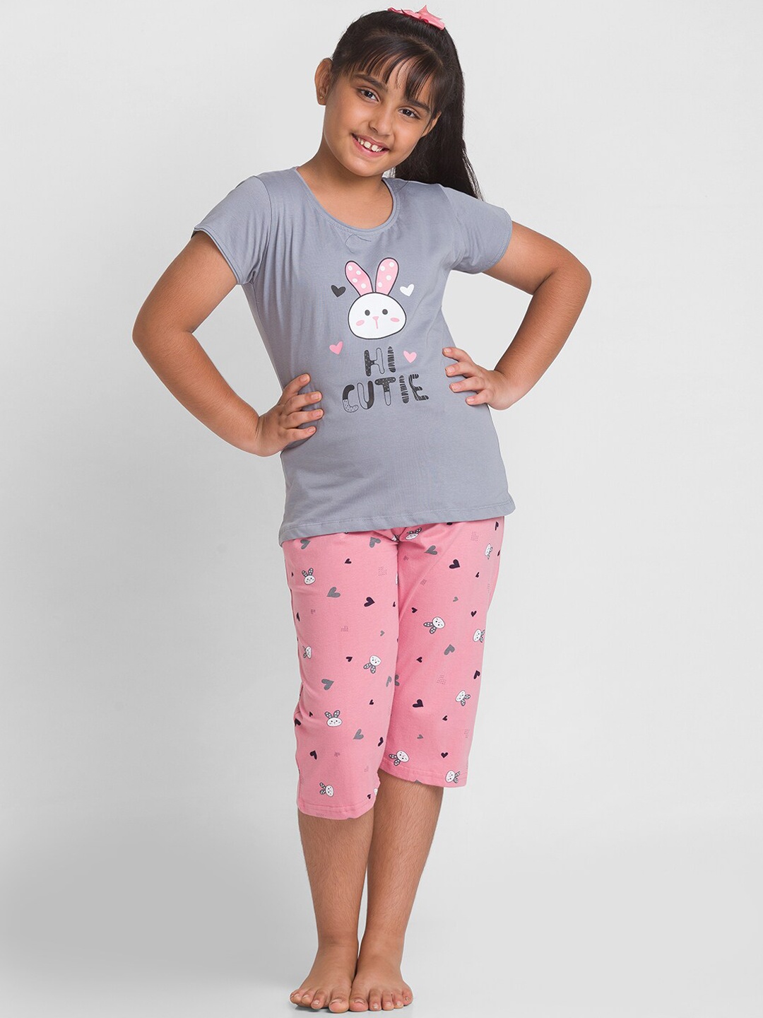 

AV2 Girls Conversational Printed Pure Cotton Night Suit, Grey