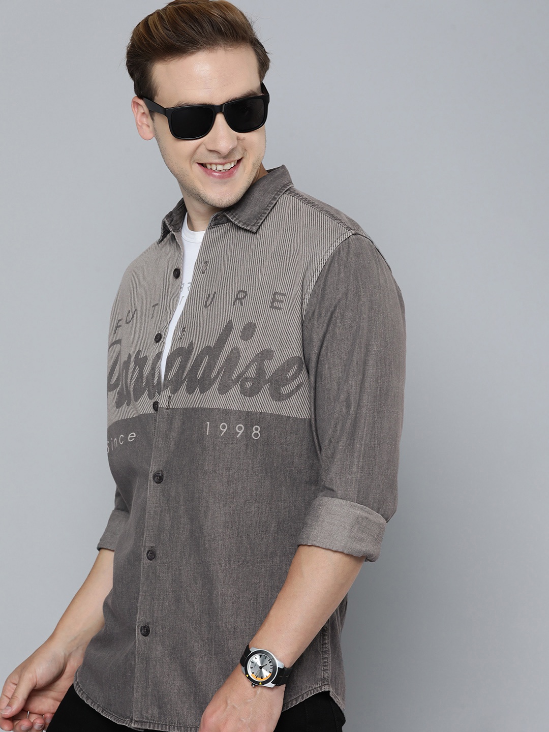 

HERE&NOW Slim Fit Printed Casual Shirt, Grey