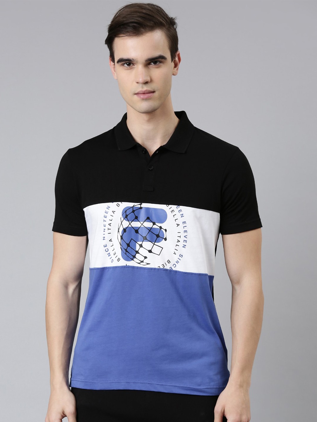 

FILA Men Typography Printed Polo Collar Cotton T-shirt, Black