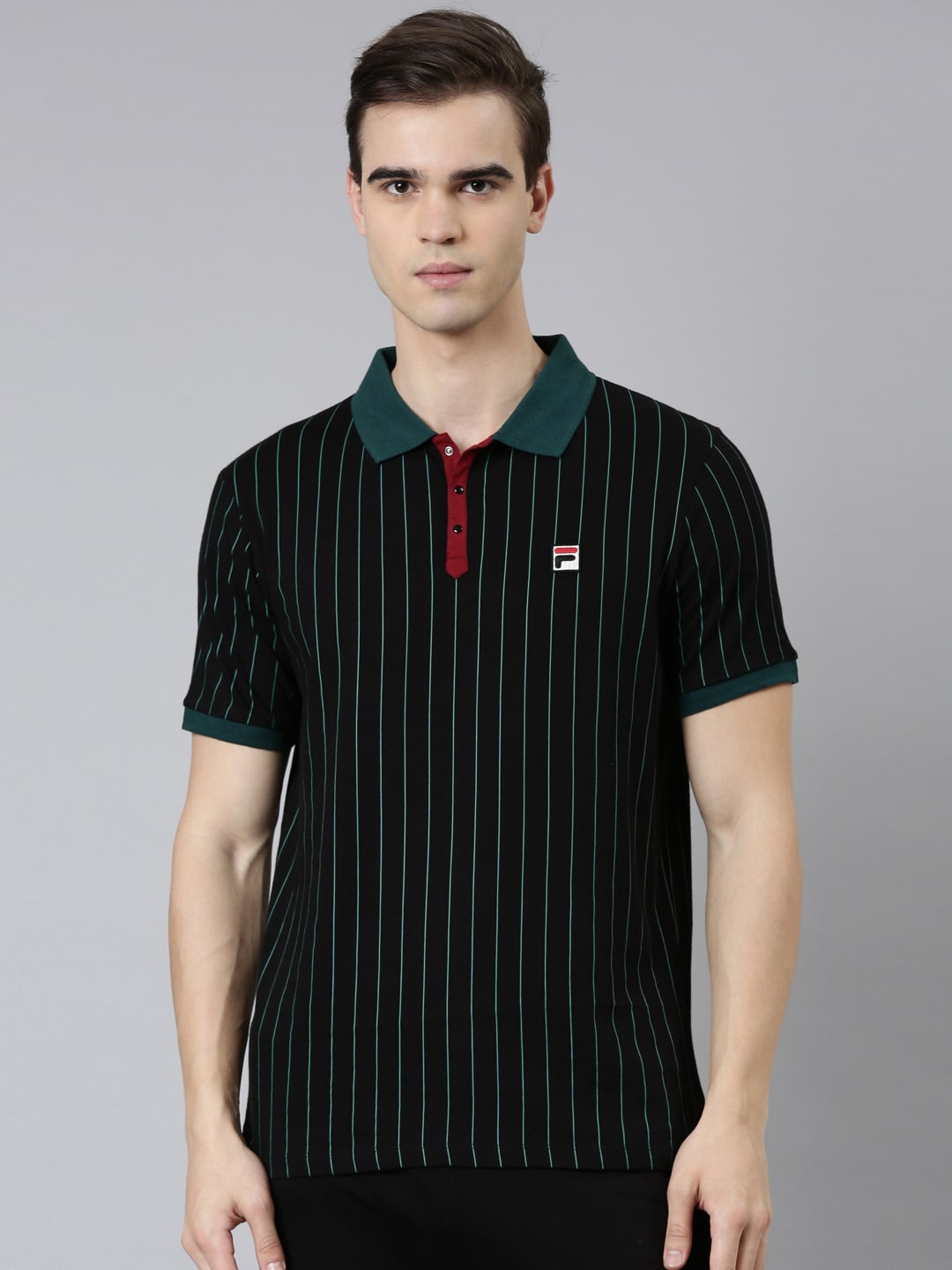 

FILA Men Striped Polo Collar Cotton T-shirt, Black