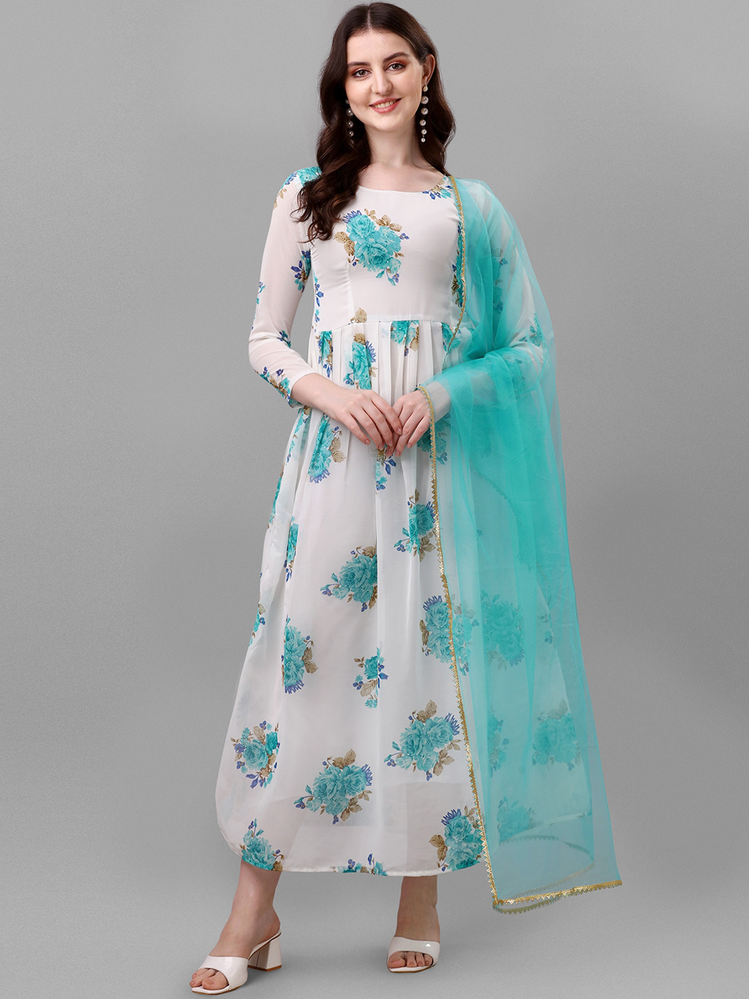 

KALINI Women Floral Printed Georgette Fit & Flare Ethnic Dress With Dupatta, White