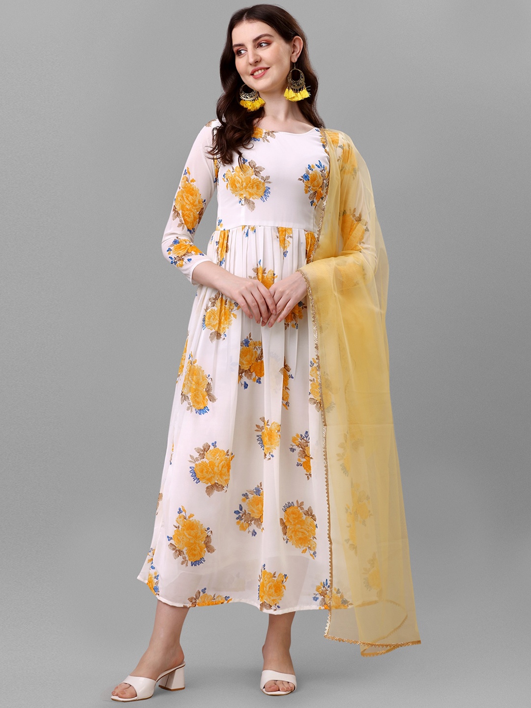 

KALINI Floral Georgette Anarkali Ethnic Dress With Dupatta, White