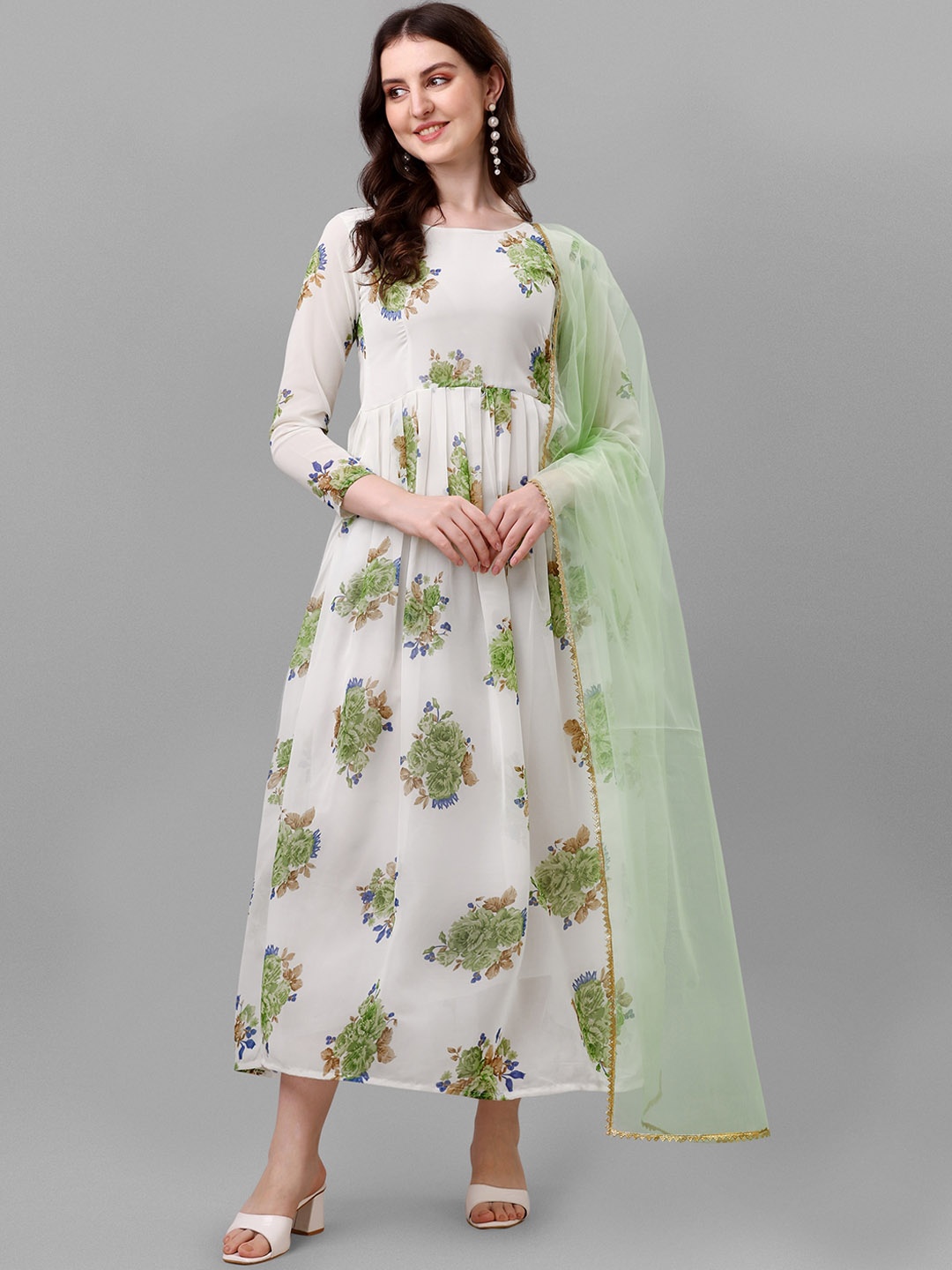 

KALINI Women Floral Printed Ethnic Dress with Dupatta, White